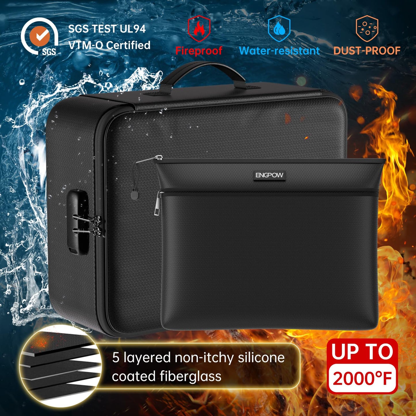 ENGPOW Fireproof Document Bag with Lock,File Organizer Set with Zipper Money Case,5 Layers Protection Fireproof Safe Storage for Important Documents,Passport,Laptop,14.2"*10.6"*4",Soft Case