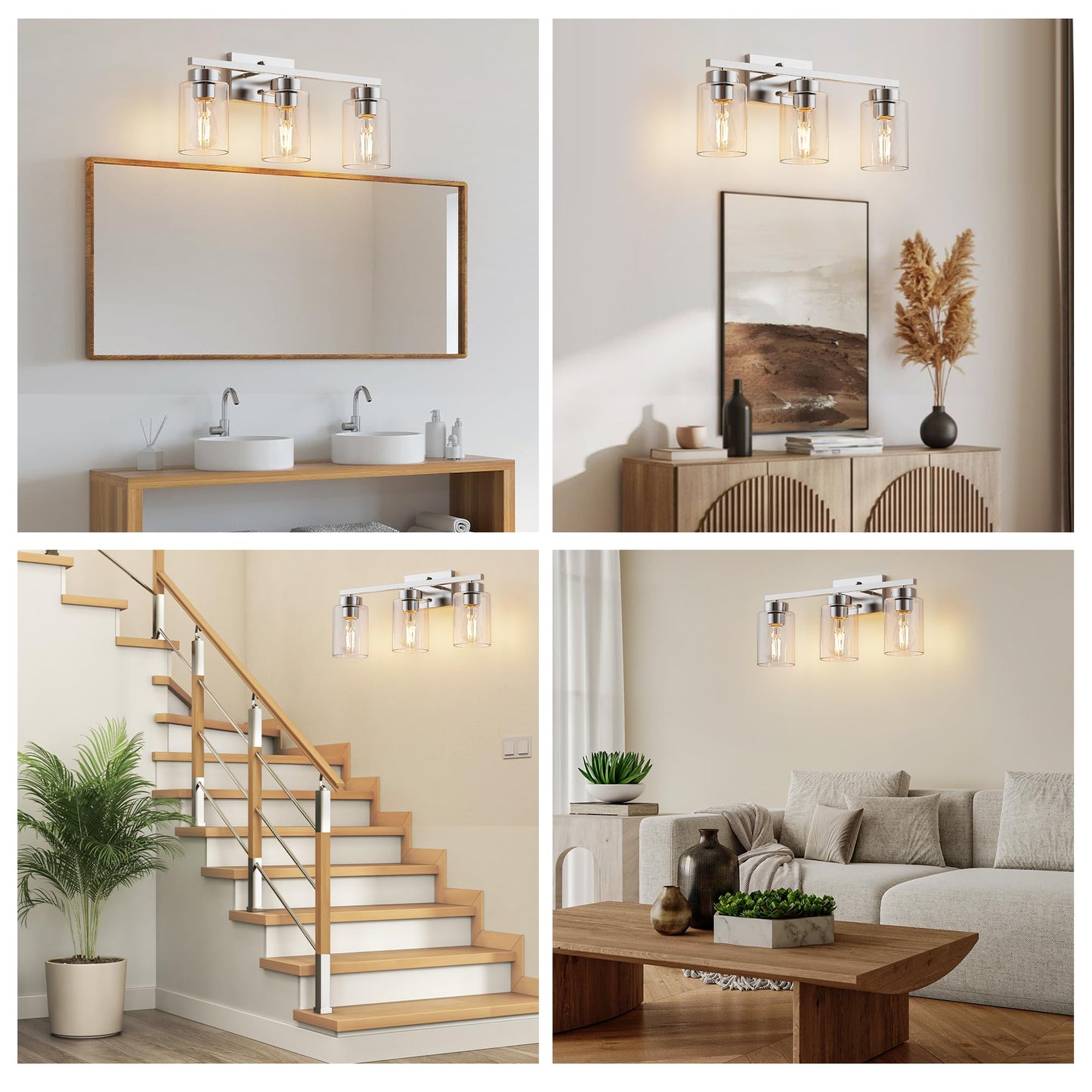 Partphoner 3-Light Bathroom Light Fixtures  Brushed Nickel Vanity Light With Clear Glass Shade  Modern Wall Sconce For Mirror Bedroom Living Room Hallway Lighting