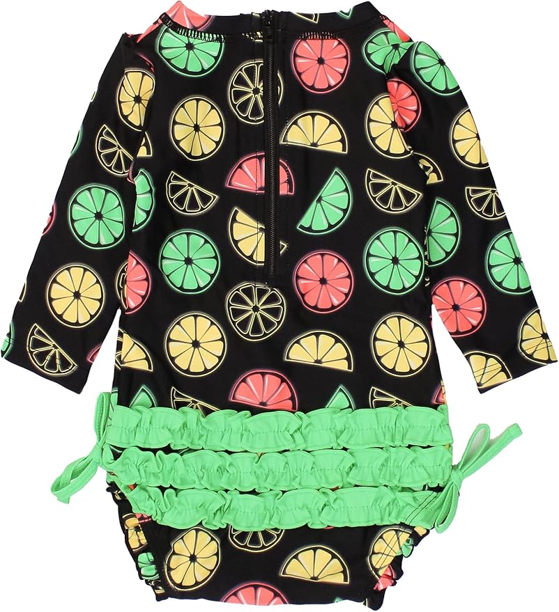 RuffleButts Baby Girls UPF 50+ Sun Protection Novelty Print Long Sleeve One Piece Rash Guard Swimsuit with Zipper