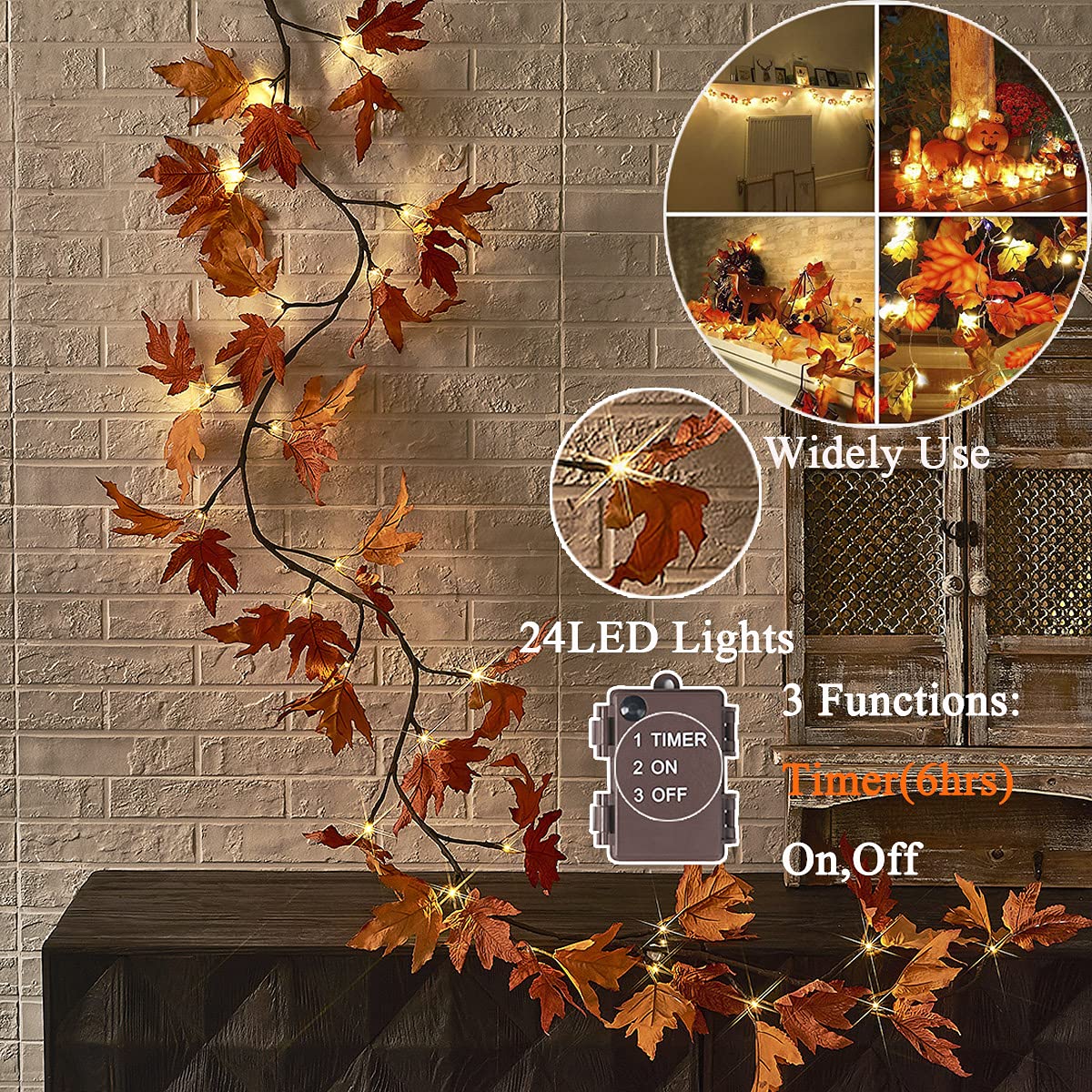 Hairui Lighted Maple Leaf Garland - 6Ft, 24 Warm White Leds, Battery Operated, Orange Maple - Perfect For Thanksgiving And Christmas Decor