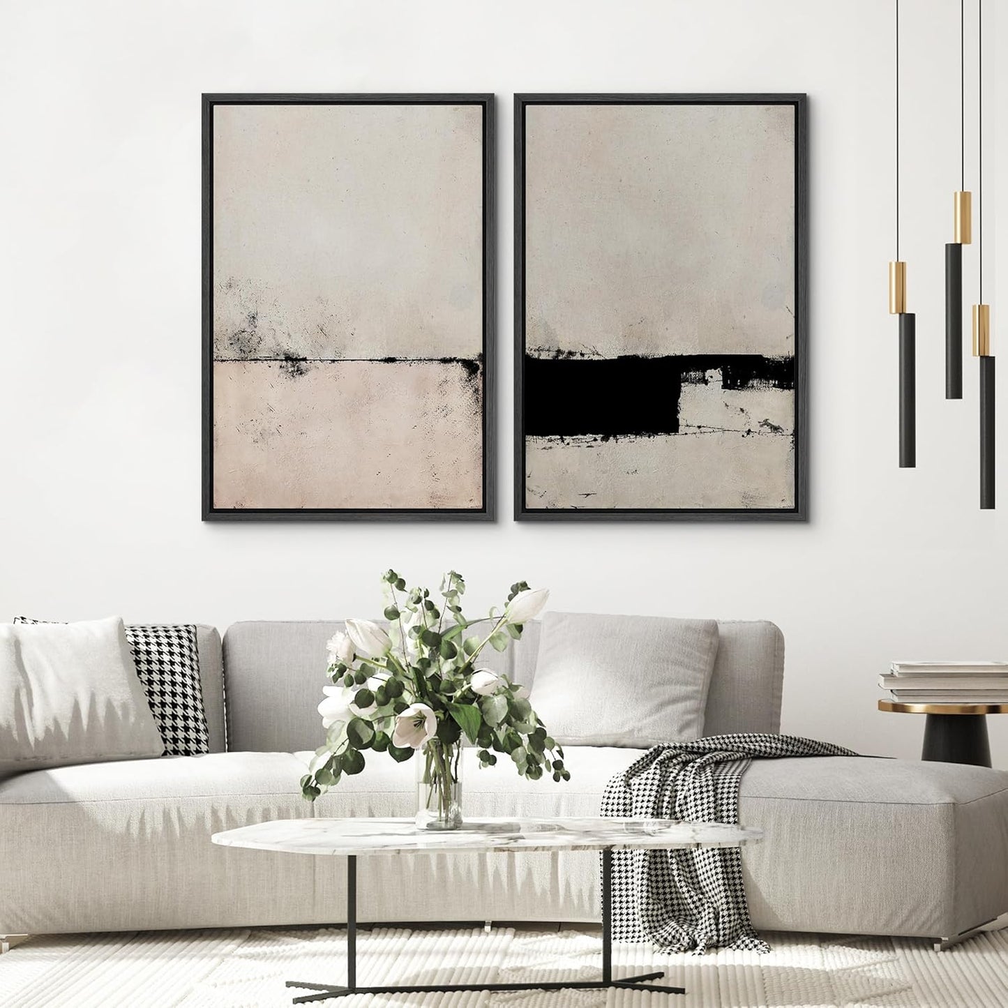 SIGNWIN Framed Canvas Print Wall Art Set Pastel Industrial Grunge Landscape Abstract Shapes Illustrations Minimal Decorative Nordic Relax/Zen for Living Room, Bedroom, Office - 24"x36"x2 Black