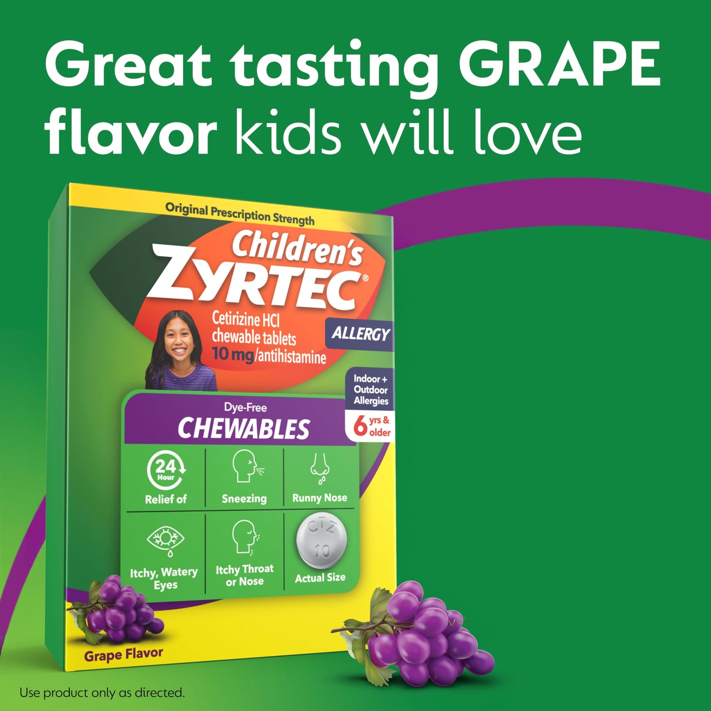 Zyrtec Children's Dye-Free Chewables for 24 Hour Allergy Relief, 10 mg Cetirizine Hydrochloride Antihistamine Tablets, Kids Allergy Medicine Relieves Sneezing & Itchy Throat, Grape, 48 ct