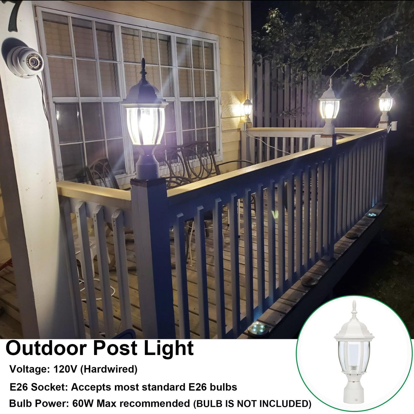 LIT-PaTH Outdoor Post Light Lantern Fixture, Aluminum, E26 Base Max 60W, Matte White Finish, Model LT-PL001, 1-Pack