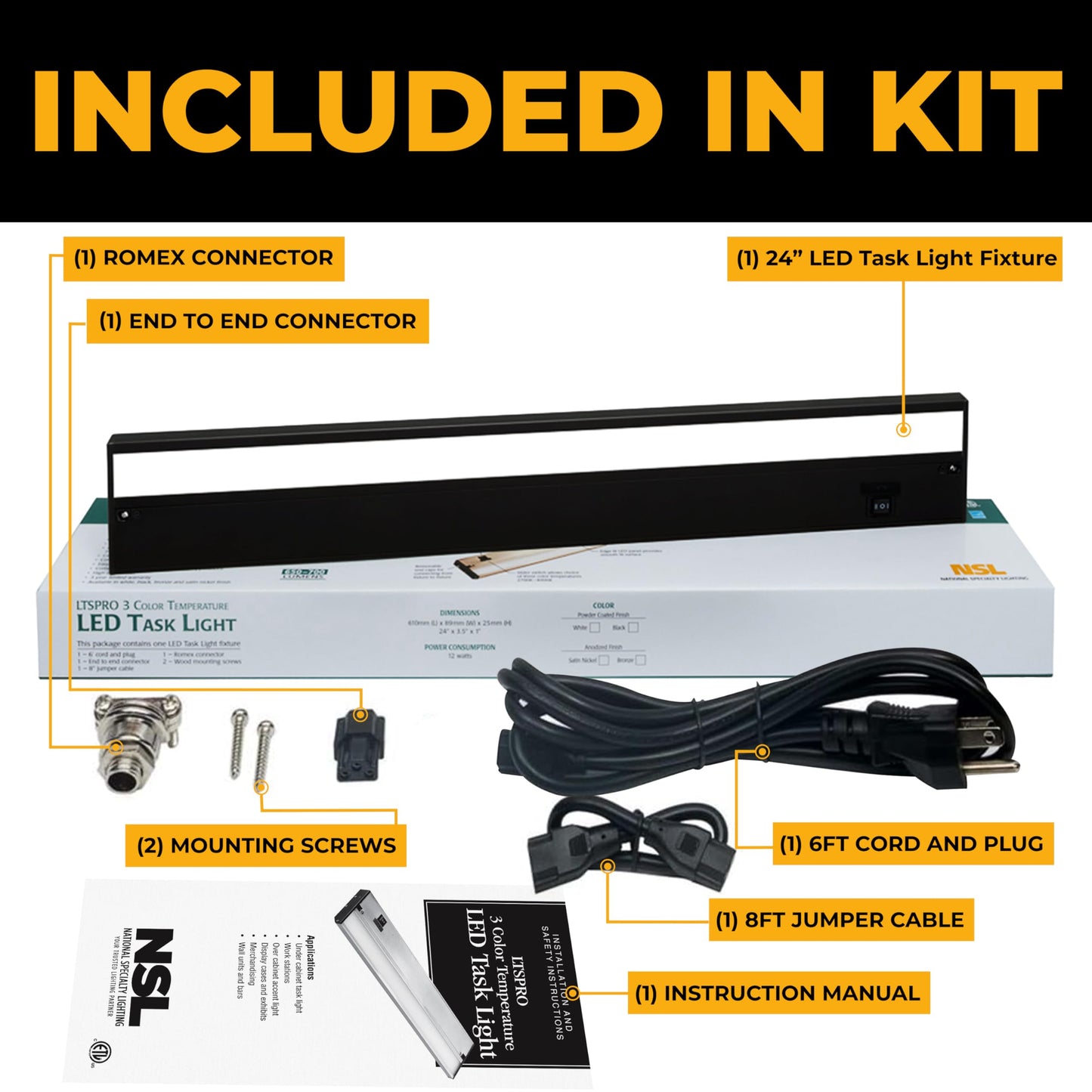 NSL LED Under Cabinet Lighting Dimmable - 3 Color Temperatures - 24 Inch Black - Model LTSPRO-24-BK - Aluminum