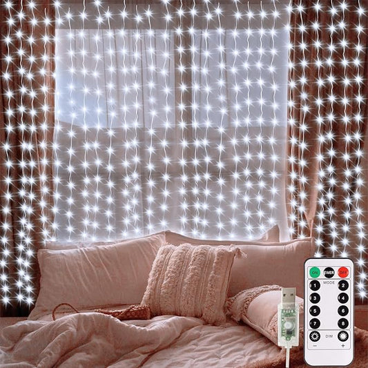 echosari Curtain Fairy Lights 300 LED Hanging Lights USB Powered Copper Curtain String Lights 9.8Ft x 9.8Ft for Wall Chris...