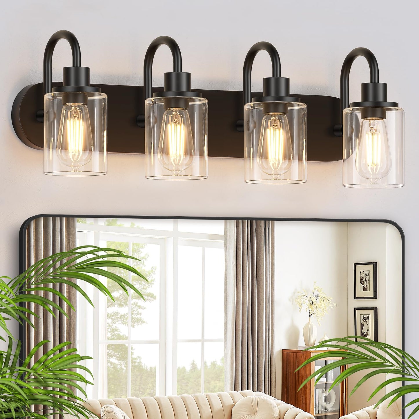 Baocuz 4-Light Vanity Lights for Bathroom, Modern Black Bathroom Light Fixtures Over Mirror, 23.6 inch Bathroom Wall Sconces for Hallway, Bedroom, Living Room with Clear Glass Shade