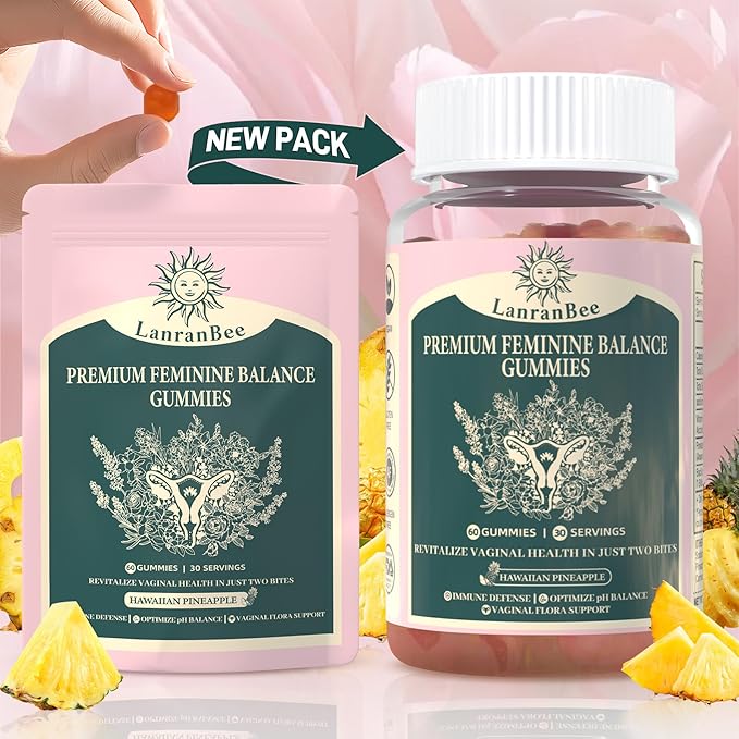 Premium Feminine Balance Gummies - for Women’s Health & Wellness - Immune Support - Vegan, Gluten-Free & Halal - Hawaiian Pineapple - 60 Gummies - 30 Servings (1)
