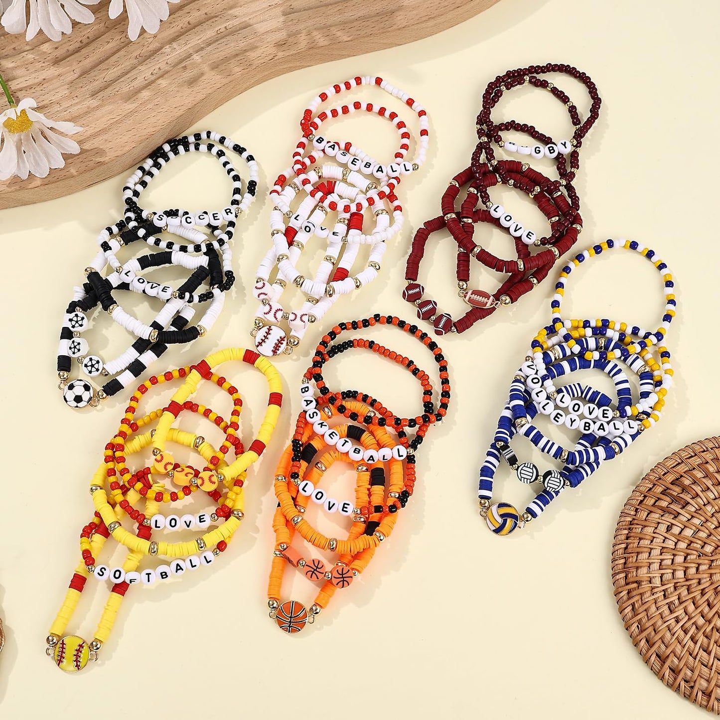 Cooluckday 36Pcs Sports Party Favors Charm Bracelets Bulk for Women Soccer Basketball Football Baseball Volleyball Softball Rugb