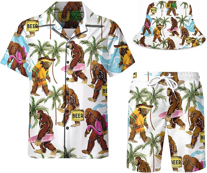 DOOPCCOR Men's 3 Piece Tracksuit Cuban Collared funny Hawaiian Shirt Shorts Button Down Sets With Bucket Hats