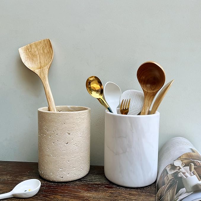 Handmand Natural Marble Stone Vintage Kitchen Utensil Holder - 5.1" D X 6.3" H Kitchen Counter Organizers and Storage Tool Crock (Jazz White)