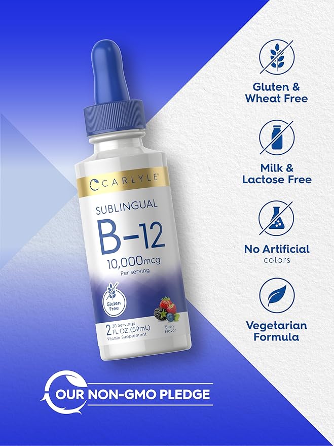 Carlyle Vitamin B12 Sublingual | 10,000mcg | 2 fl oz | Vegetarian, Non-GMO, Gluten Free Liquid Drops
