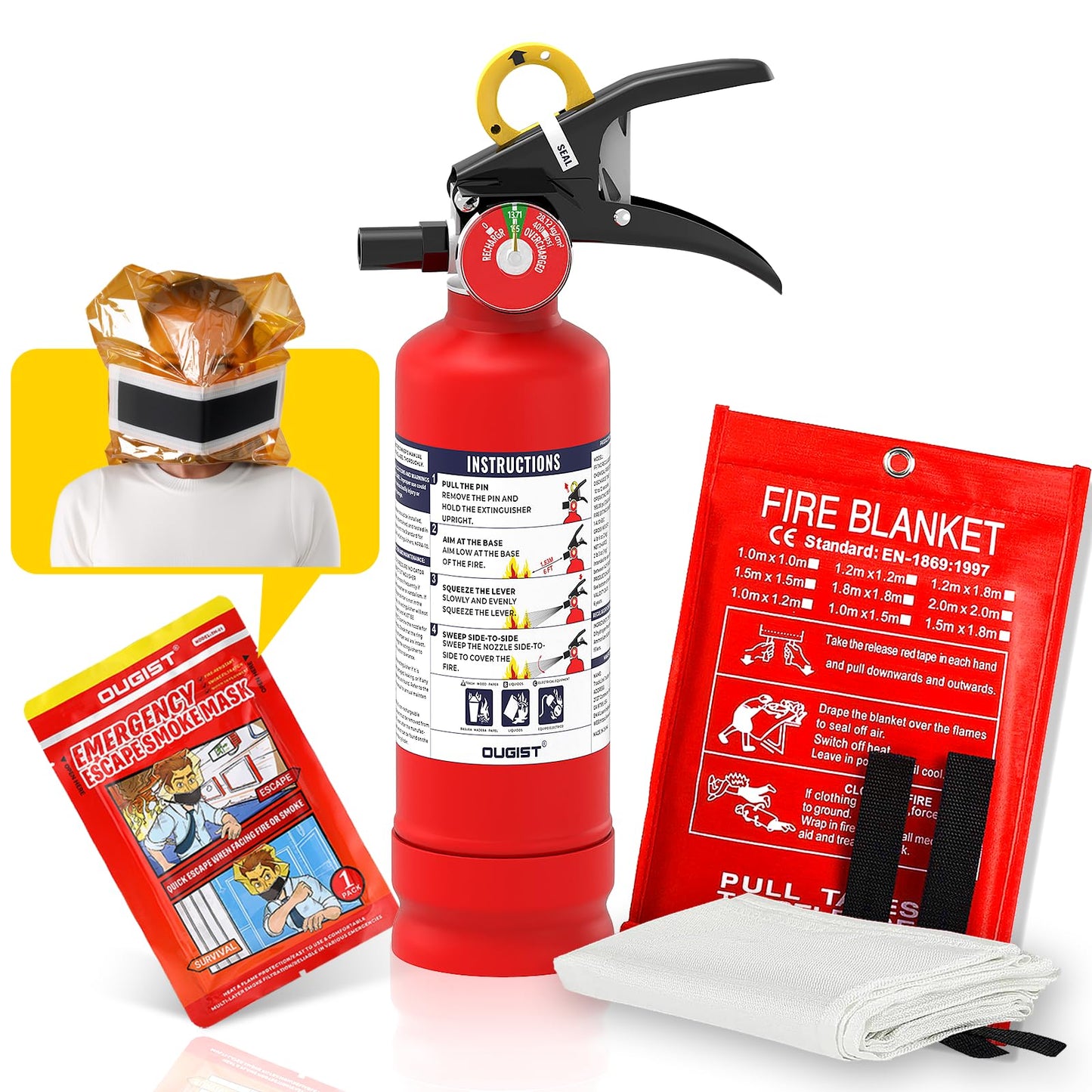 Ougist 3 Pieces Fire Extinguisher Kit for Home Kitchen and Car – Includes 2.5 lb ABC Dry Powder Fire Extinguisher with Quick-Release Handle, Emergency Smoke Hood and Fire Blanket