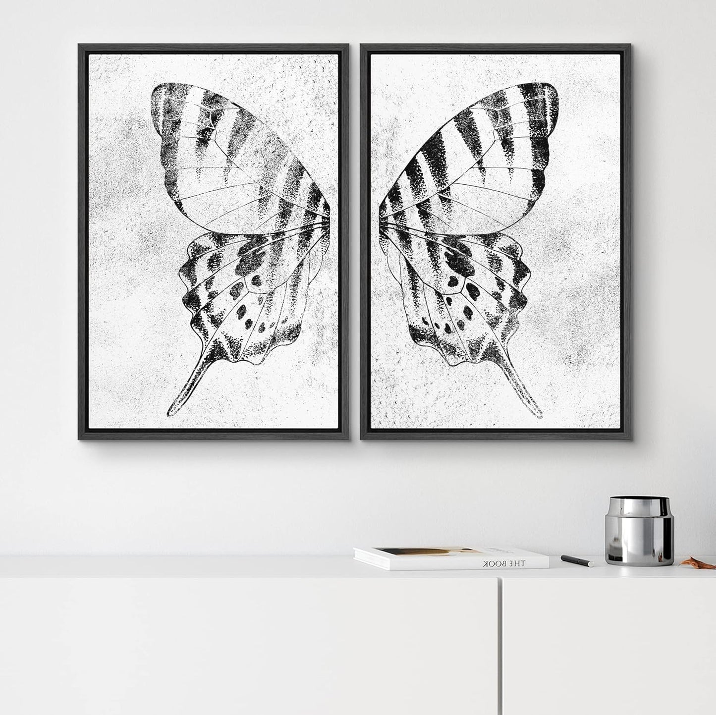 SIGNWIN Framed Canvas Print Wall Art Set Black & White Monarch Butterfly Wing Insect Nature Wilderness Illustrations Modern Art Rustic Relax/Calm for Living Room, Bedroom, Office - 16"x24"x2 Black