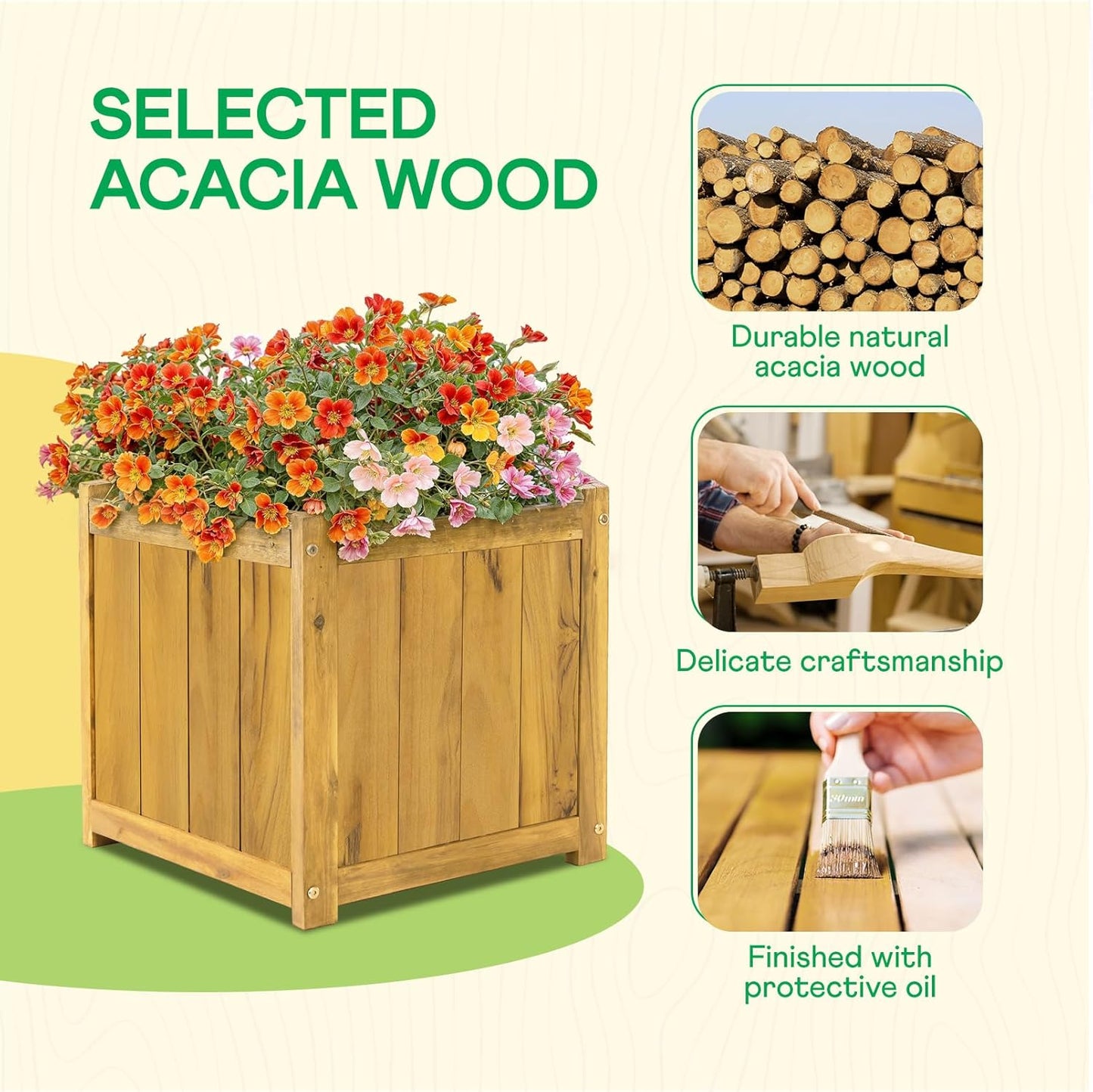 IDZO Acacia Wood Flower Planter Box for Outdoor Plants, 1pc Wooden Raised Garden Bed with Handles, Drainage Holes, Ideal for Garden and Home Décor, Golden Teak