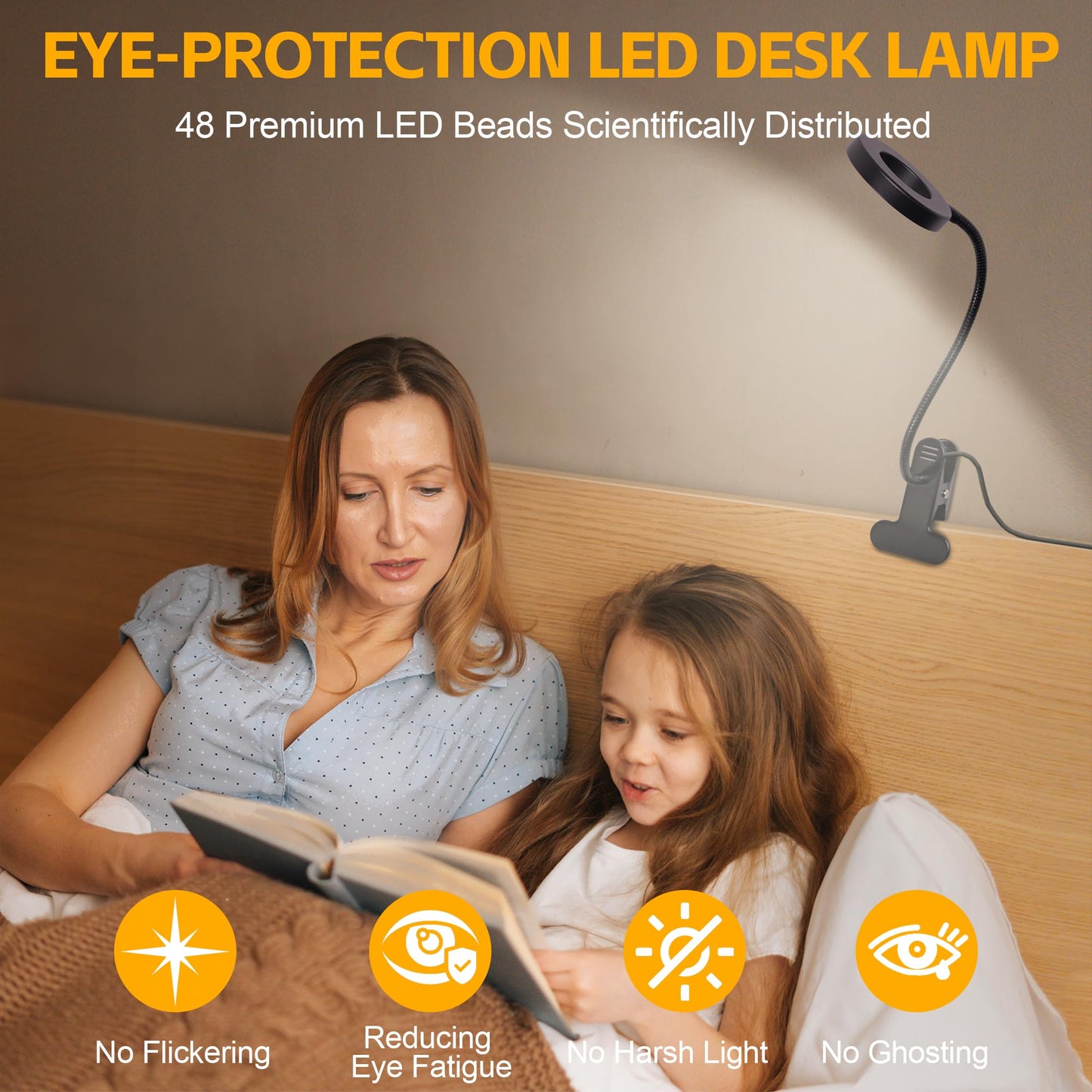 Foneso Desk Lamp, 48 LED USB Light, 3 Color Modes, 10 Brightness Levels, 360° Gooseneck, Eye Protection, Black