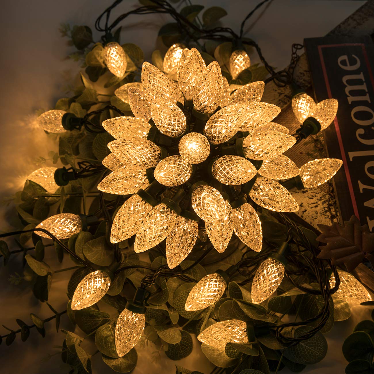 AWQ C9 Christmas String Lights, 50 FT, 8 Modes, Waterproof, Warm White, Model 610452362085