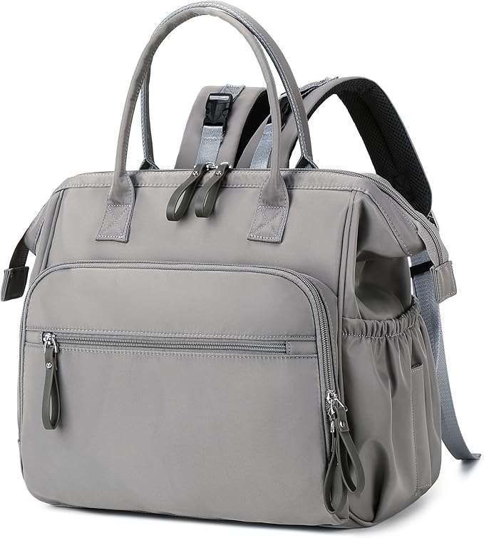 Convertible Diaper Bag Tote, Wide Open Top 14 Pockets Stylish Baby Diaper Bag with Stroller Buckle, Water-resistant (Grey, Large)
