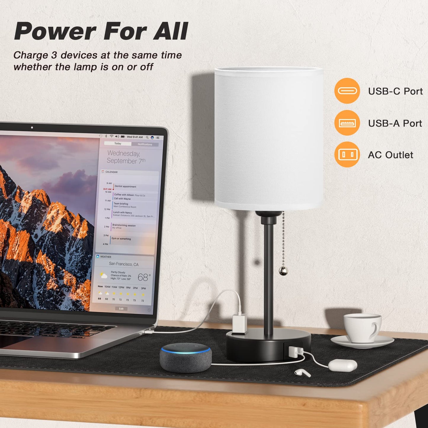 Dicoool Small Bedroom Lamps with USB Ports, 3 Color Temperatures 2700K/3500K/5000K, White, Model 15-1, Black Metal Base