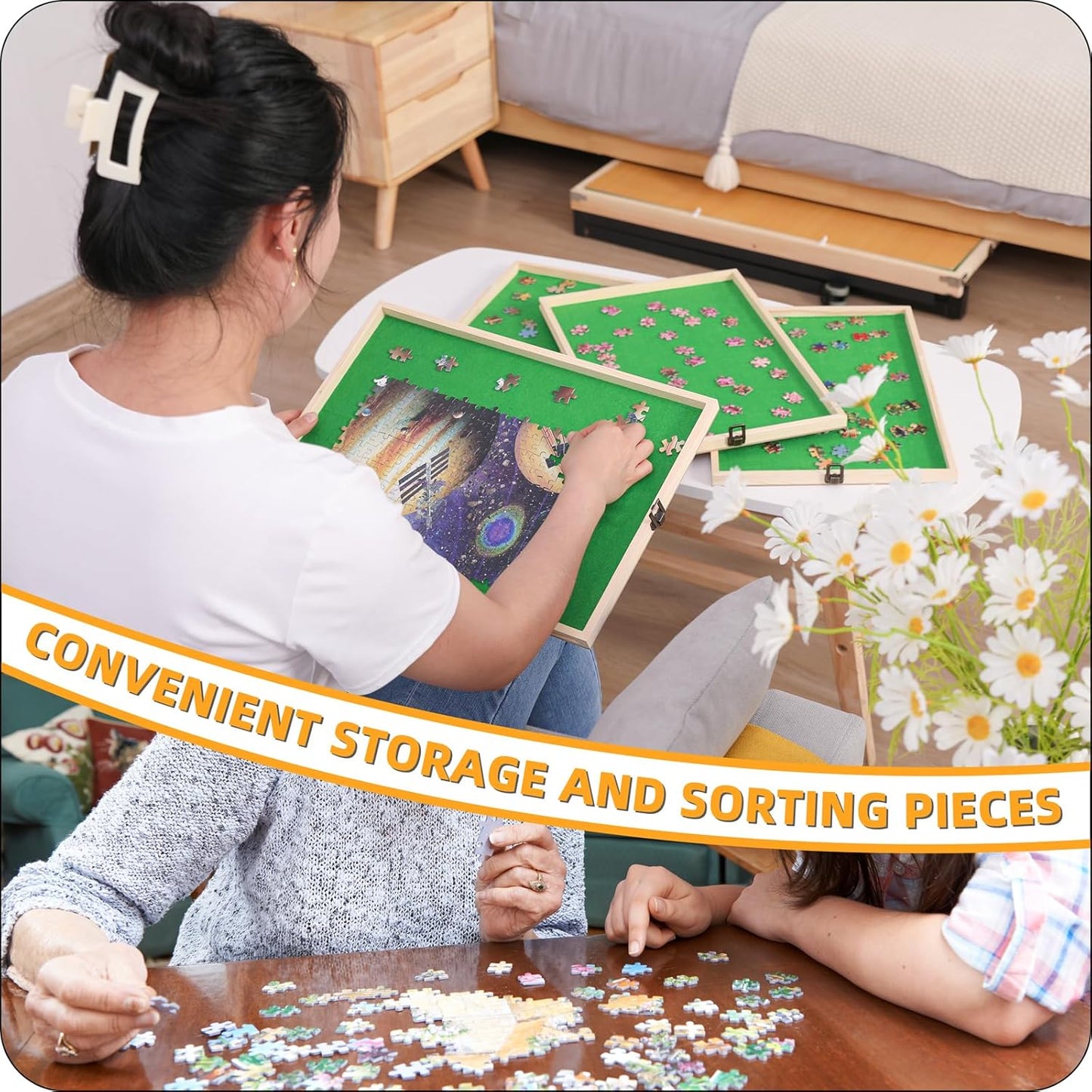 Puzzle Table and Board with 4 Drawers - Adjustable Tilting Angle, Wheels & No Assembly Folding Legs for 1500 Piece Jigsaw Puzzles - Wooden Cover Protection for Adults, Moms & Crafters