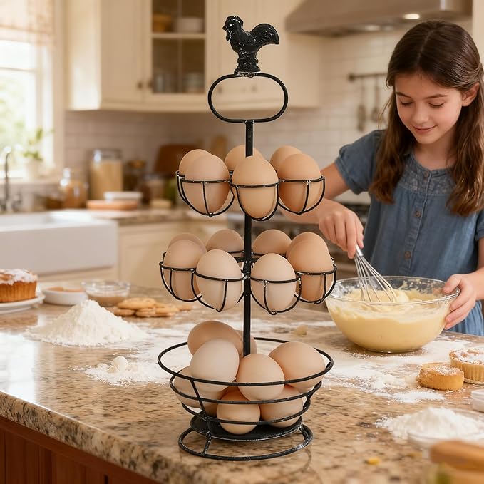 Vintage White Metal Egg Holder with Rooster Top - 2-Tier & Bottom Basket Design, Farmhouse Distressed Decor Egg Storage Rack for Kitchen Countertop Decor (Distressed Black)