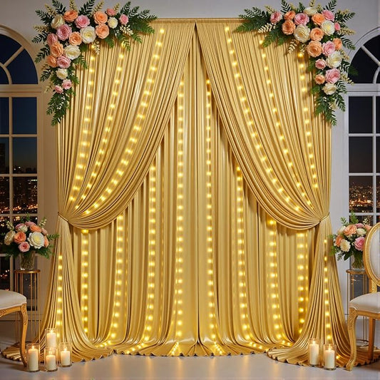 Outpain 10x10ft Gold Sequin Backdrop Curtains with Light -Lighted Up Gold Photo Backdrops with Non-Shedding Glitter, Wrink...
