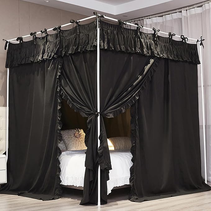 Ruffle Lace up 4 Corners Post Princess Curtain Bed Canopy Cozy Breathable Mosquito Net Cloth for Girls Adults Bedroom Decoration (Black, 64" W*82" L*82" H/Queen)