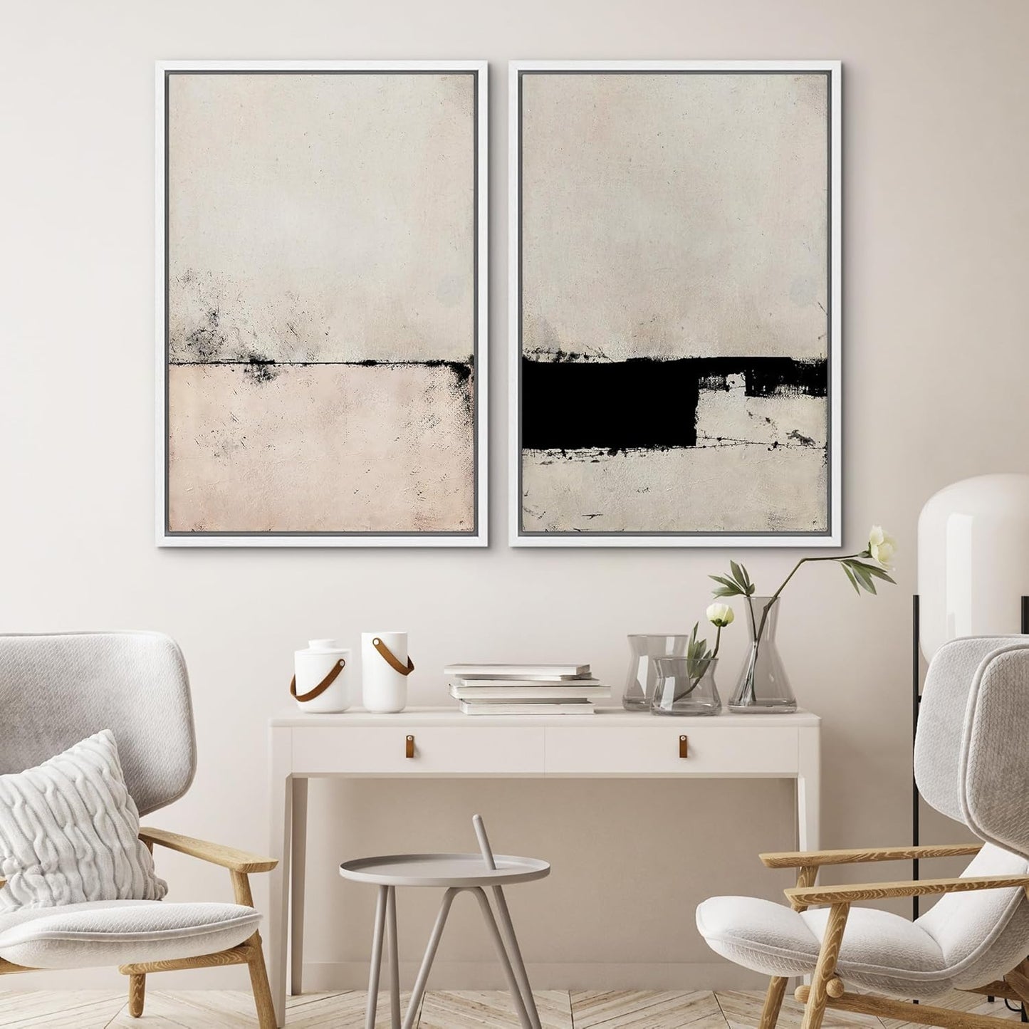 SIGNWIN Framed Canvas Print Wall Art Set Pastel Industrial Grunge Landscape Abstract Shapes Illustrations Minimal Decorative Nordic Relax/Zen for Living Room, Bedroom, Office - 24"x36"x2 White