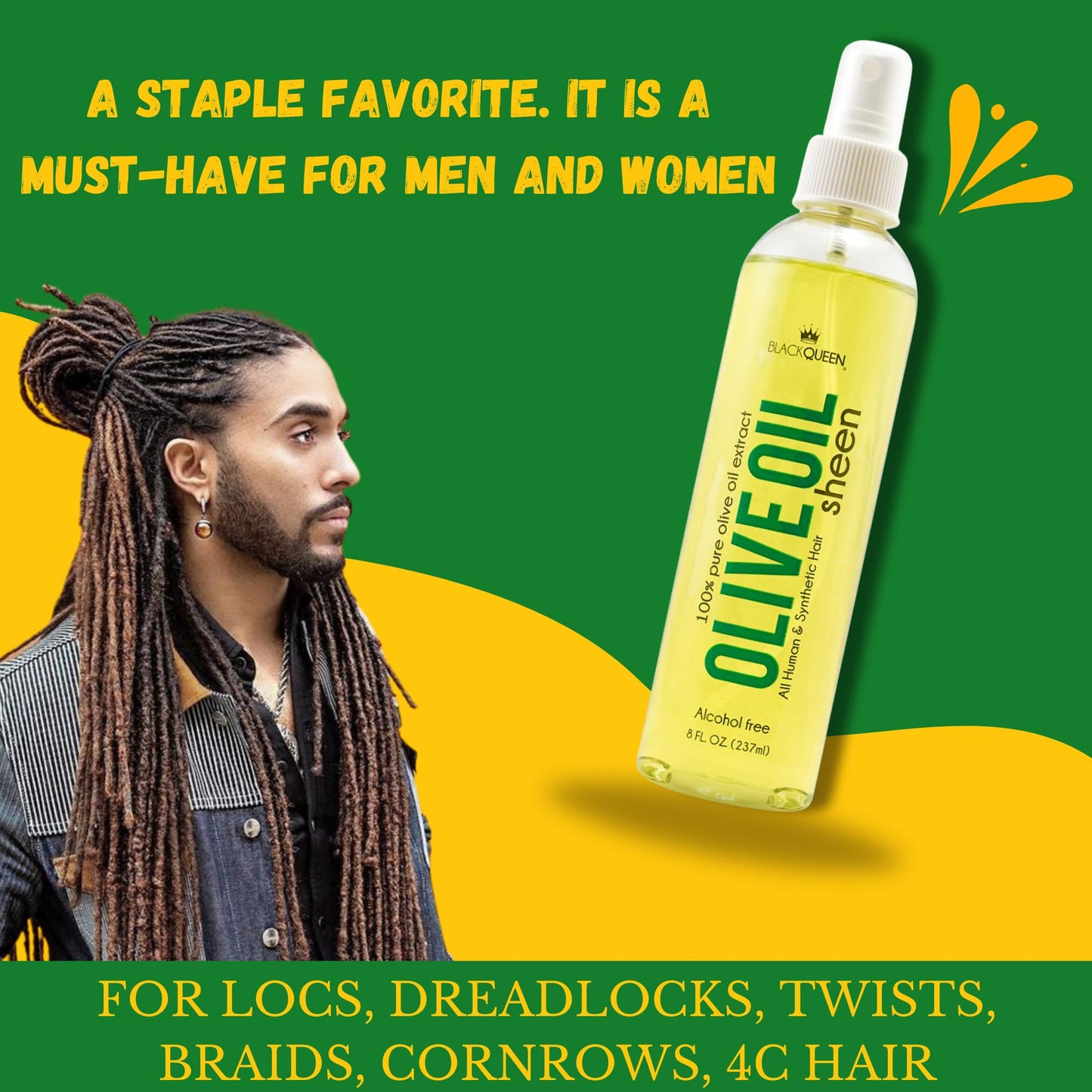 Black Queen Olive Oil Sheen Spray for Locs, Dreadlocks, Twists, Braids, Cornrows, 4C Hair - Moisturizing, Refreshing - 8 oz- Mad