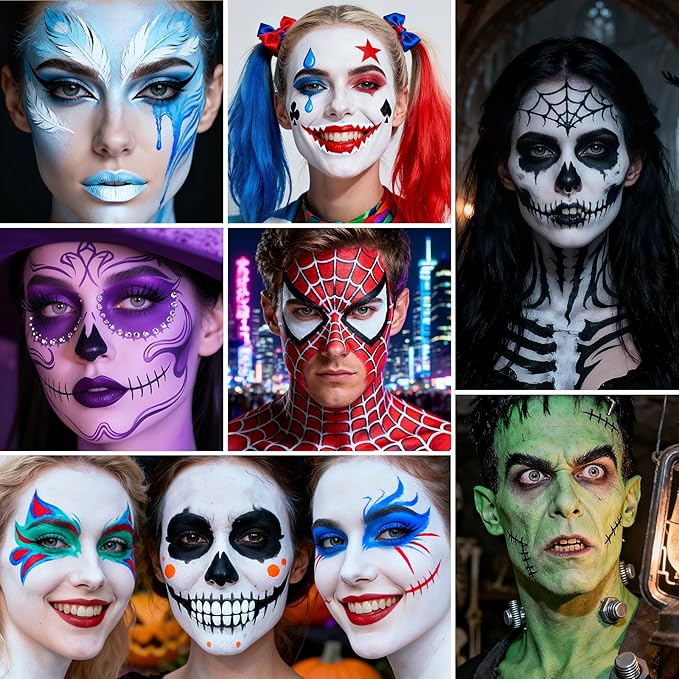Black and White Face Paint - Professional Water-Based Non-Toxic Makeup Kit for Vampire Skeleton Clown, Highly Pigmented Body Paint for Halloween Costume Parties ，Stage Performances