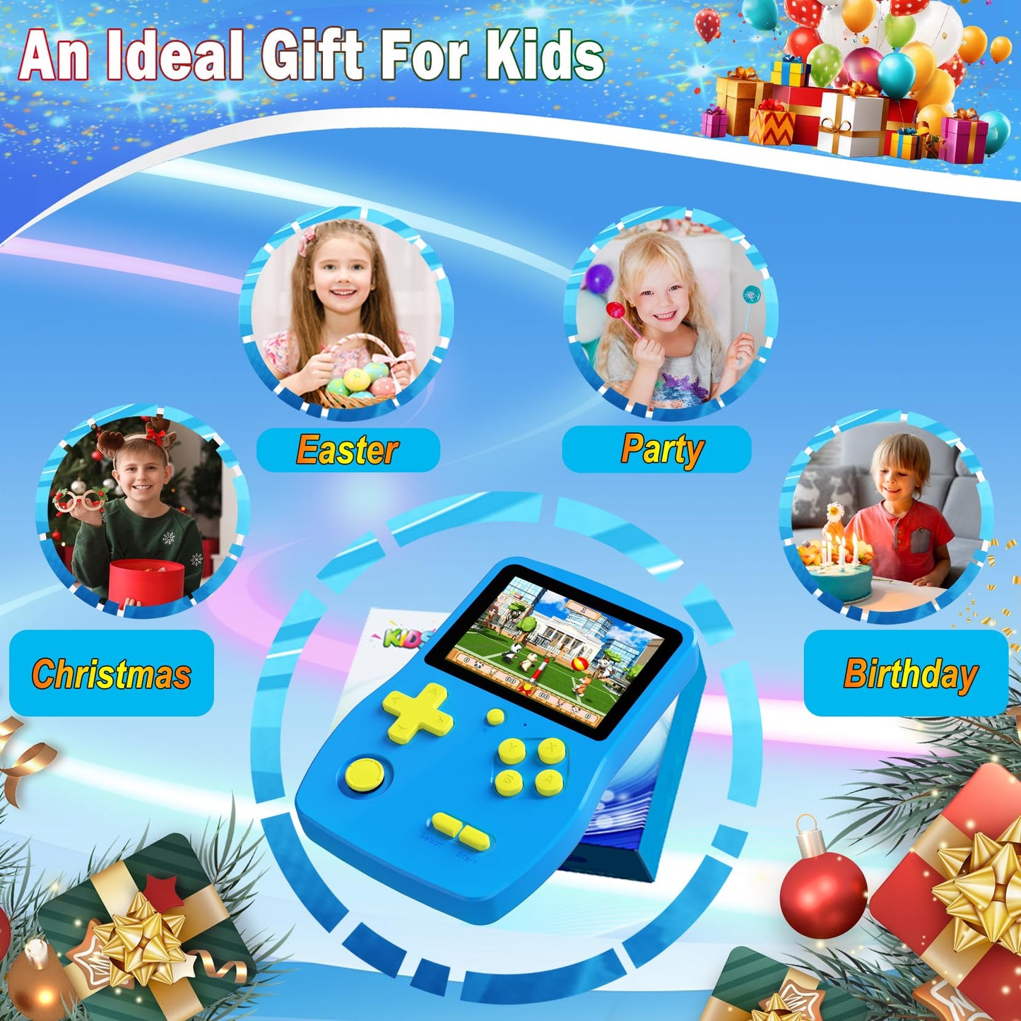 Great Boy 32 Bit Handheld Games Toys for Kids with 139 Video Games Boys Girls Children's 3.0 Inches IPS Screen Rechargeable Gaming Device Preschooler Party Easter Birthday Xmas Gift (Blue)