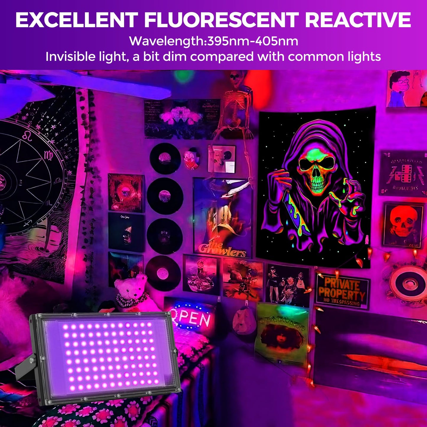100W LED Black Lights for Glow Party - Waygor UV Blacklight Floodlight 395nm BlackLights Spotlight Purple Black Light Flood Light Fluorescent UV Lights Lamp for Halloween Decor (4 Pack)