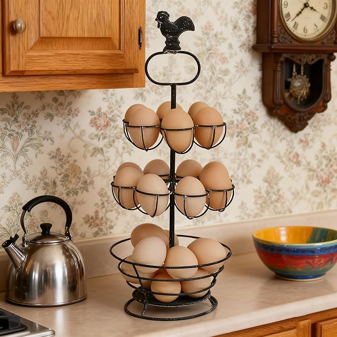 Vintage White Metal Egg Holder with Rooster Top - 2-Tier & Bottom Basket Design, Farmhouse Distressed Decor Egg Storage Rack for Kitchen Countertop Decor (Distressed Black)