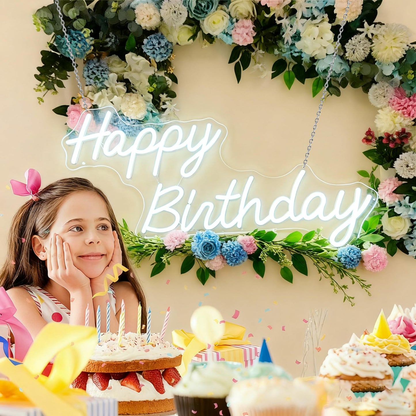 WASNKGFW Custom LED Happy Birthday Neon Sign - 20inx18in Silicone Backdrop Decoration, Custom Neon Color