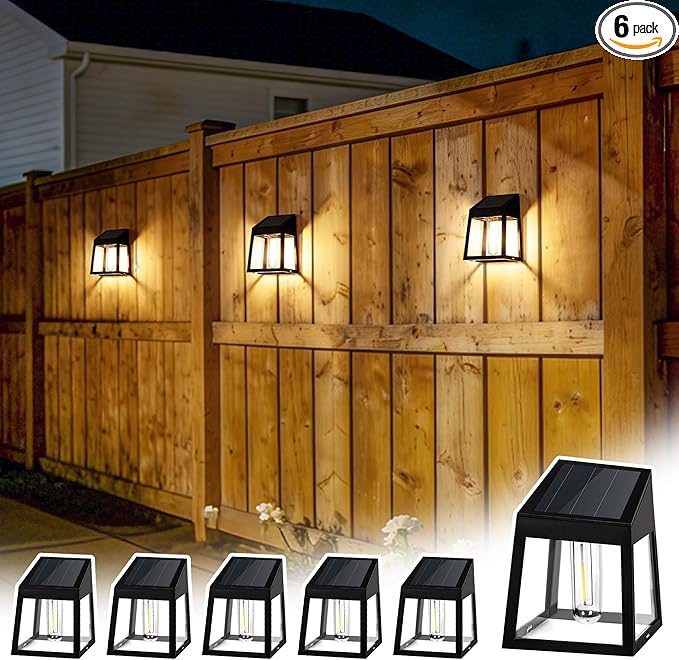 GIGALUMI Solar Fence Lights, 6 Pack Fence Outdoor Waterproof Lights Solar Powered, Warm White Yard Decorations for Garden,...