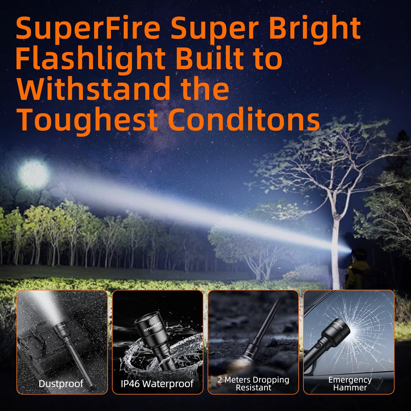 Superfire Flashlights High Lumens Rechargeable  2000 Lumens Super Bright Led Emergency Tactical Flashlight 5 Light Modes Led Camping Flashlights For Home  Mechanic  Hiking(Y16)