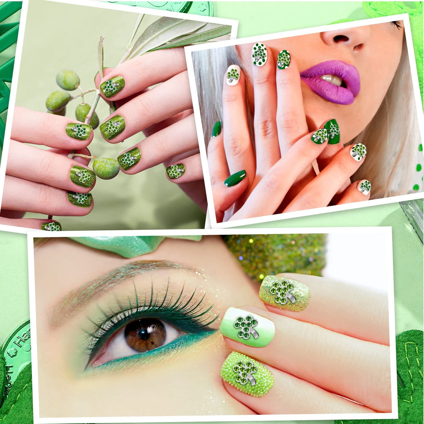 36 Pcs St Patrick's Day Nail Charms for Nail Art, 3D Shamrock Rhinestone Decals Sticker Green Clover Crystal Charms Diamond Allo