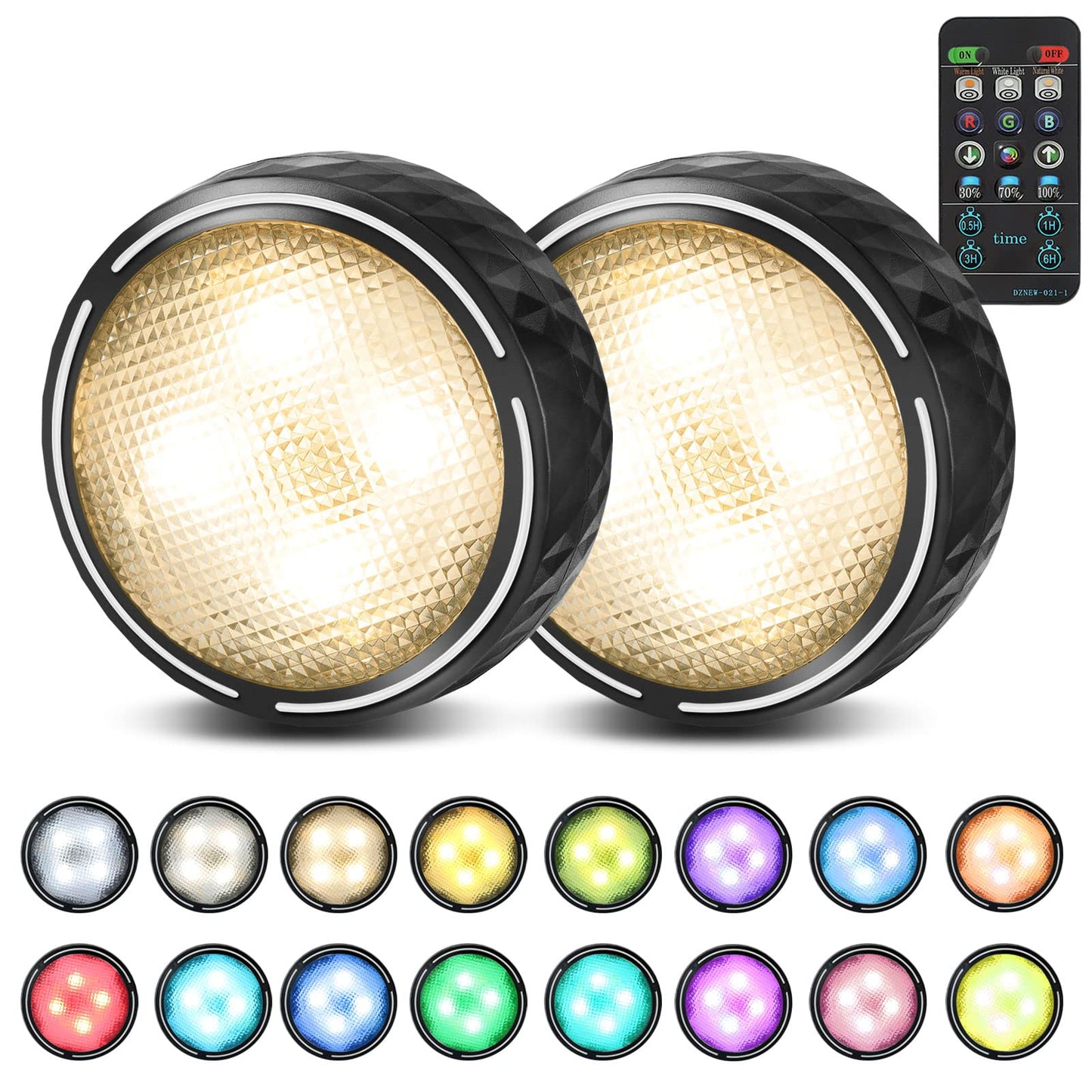Onumii Battery Operated Puck Lights with Remote - Color Changing, Timer, 2 Pack, Black, Model 5#-F-22-02