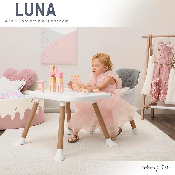 Dream On Me Luna 4-in-1 Convertible Baby High Chair in Cool Gray, Transforms into Booster, Toddler Seat & Table Set, Adjustable and Removable Tray Portable High Chair