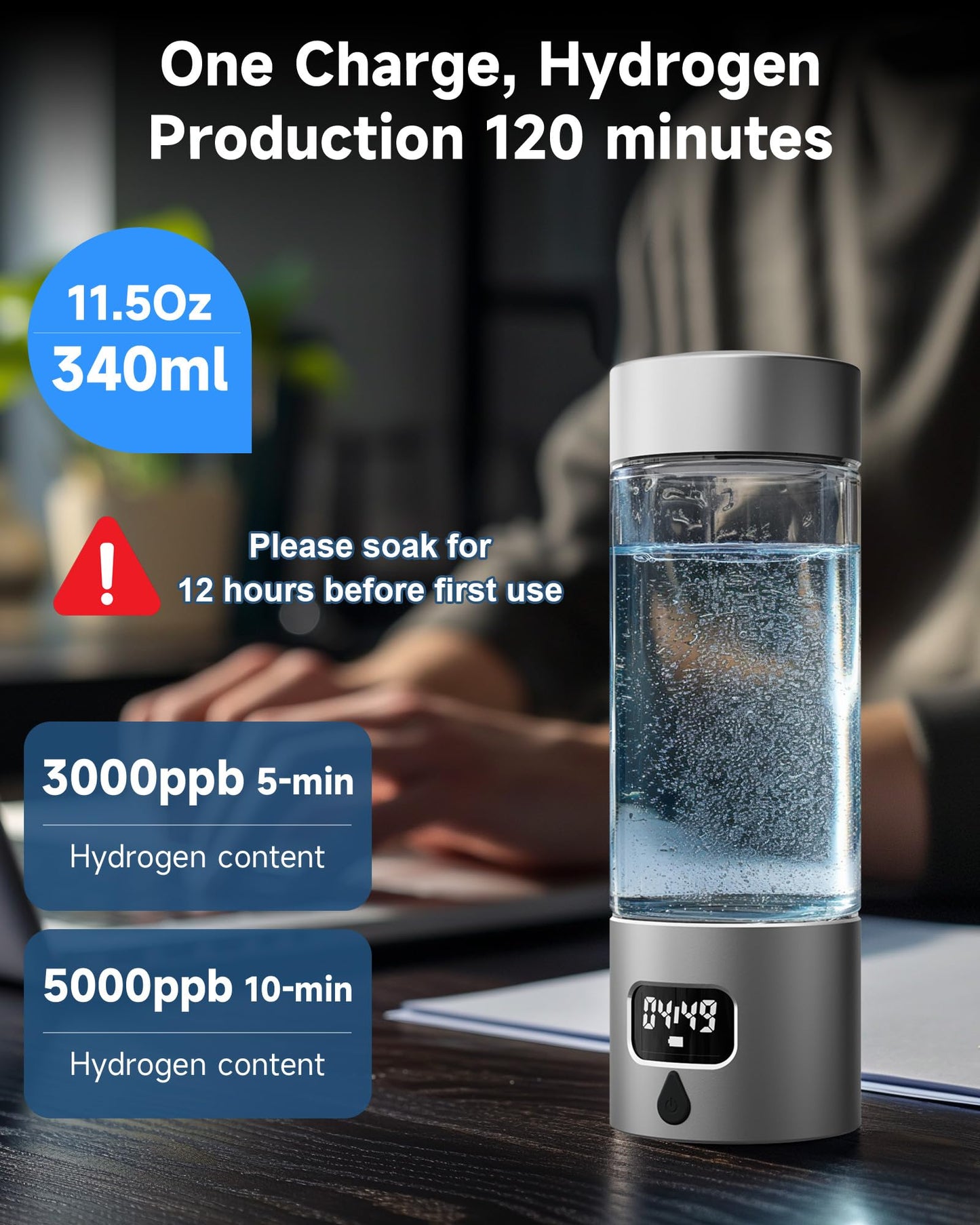 Hydrogen Water Bottle - Portable, Rechargeable, LED Timer, Aluminum and Glass, 5000 PPB Hydrogen in 10 Minutes, 340ml Capacity, for Travel, Sports, Home, Office(Grey)