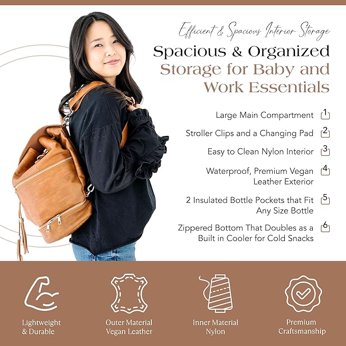 Citi Collective Journey Vintage Tan Vegan Leather Diaper Bag Backpack | Elegant, Multifunctional, Travel Diaper Bag with Stroller Straps & Insulated Bottle Pockets