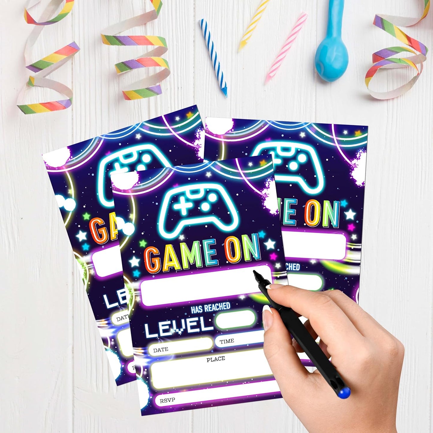 Video Game Birthday Invitations for Boys, 20 Invitation Cards with Envelopes, Neon Gaming Party Invites for Party Decorations Favor Supplies - A29