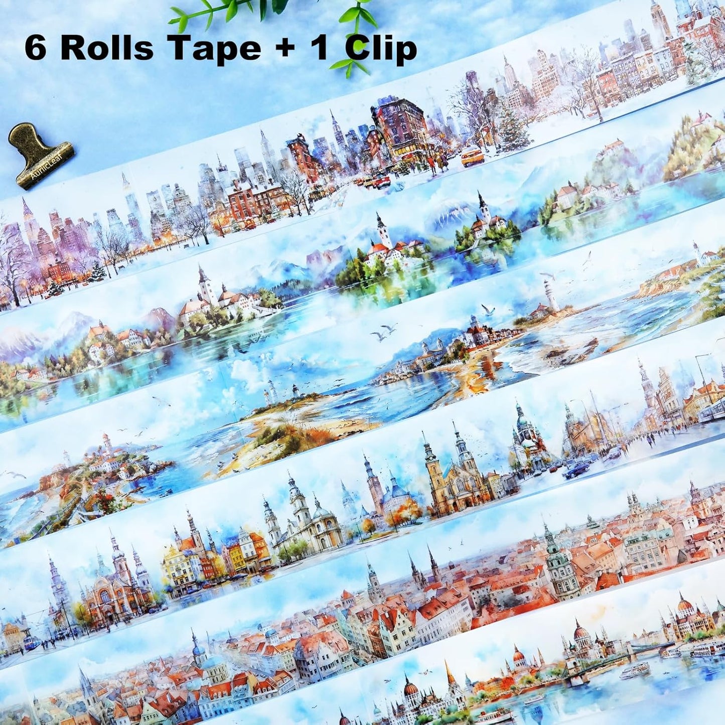 City Landscape PET Tape Set with Clip, 6 Rolls Scenic Tape for Scrapbooking, Journaling, DIY Crafts, and Planners