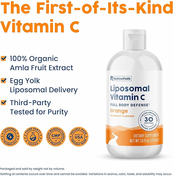 NativePath Liposomal Vitamin C with Amla Extract - 500mg Natural Vitamin C, Egg Lecithin, Orange Flavor, 30 Servings