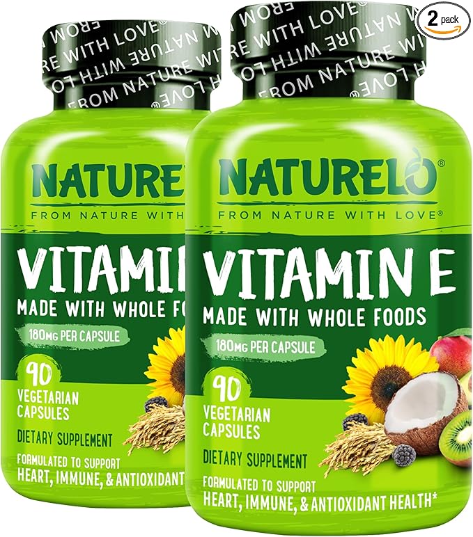 NATURELO Vitamin E - 180 mg (300 IU) of Natural Mixed Tocopherols from Organic Whole Foods - Supplement for Healthy Skin, Hair, Nails, Immune & Eye Health - Non-GMO, Soy Free - 180 Vegan Capsules