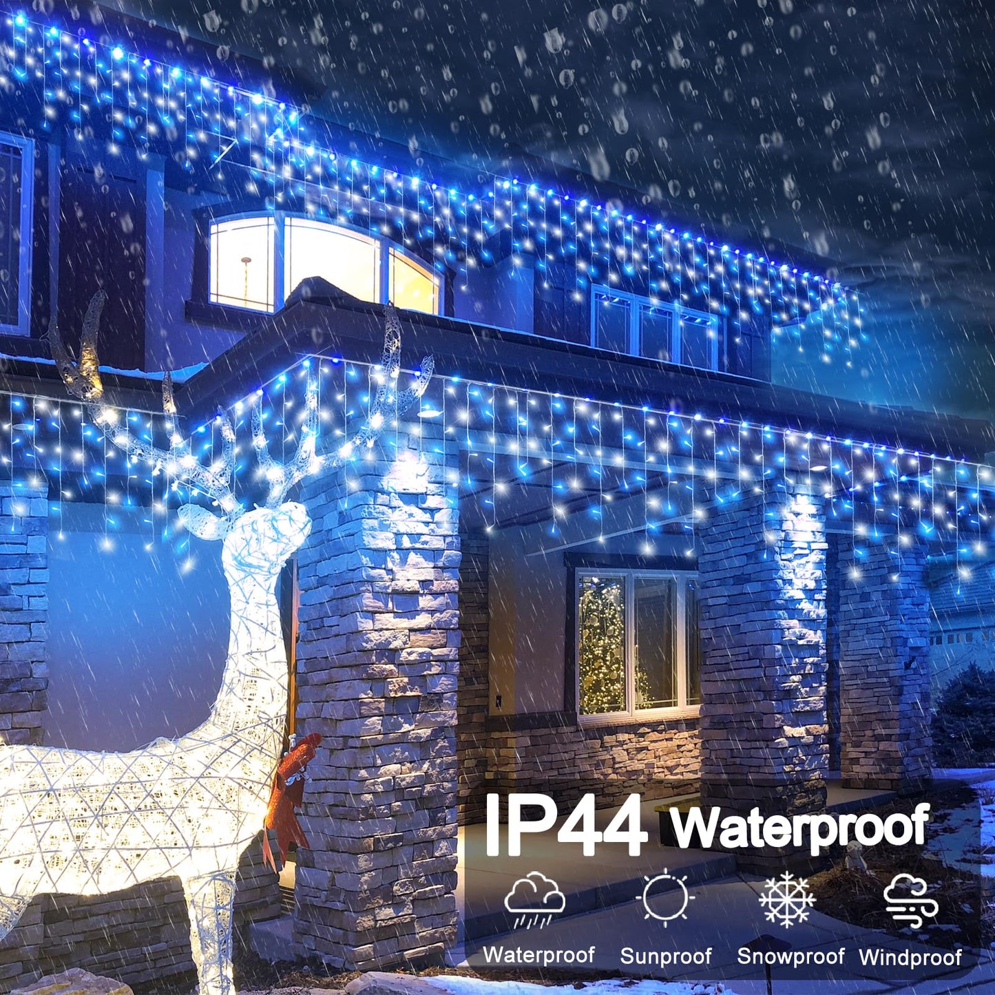 99Ft Blue And White Christmas Lights  1216 Led Icicle Lights For Outside House Clear Wire Twinkle Light With 8 Modes Timer Waterproof For Window Party Tree Holiday Patio Yard Home Decor
