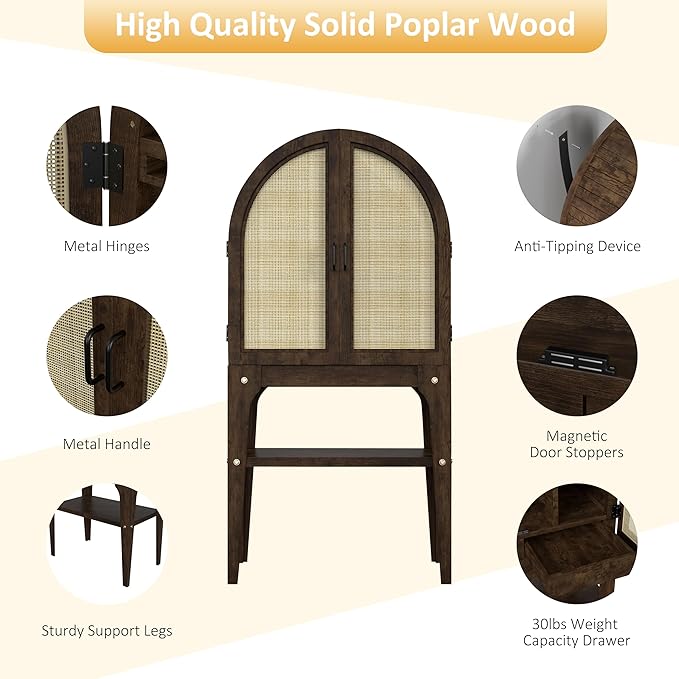 64" Tall Solid Poplar Wood Arched Bar Cabinet with Rattan Door, Wine Storage Cabinet with Wine Rack and Glass Holder, Freestanding Buffet Sideboard Tall Cupboard for Kitchen Coffee Bar