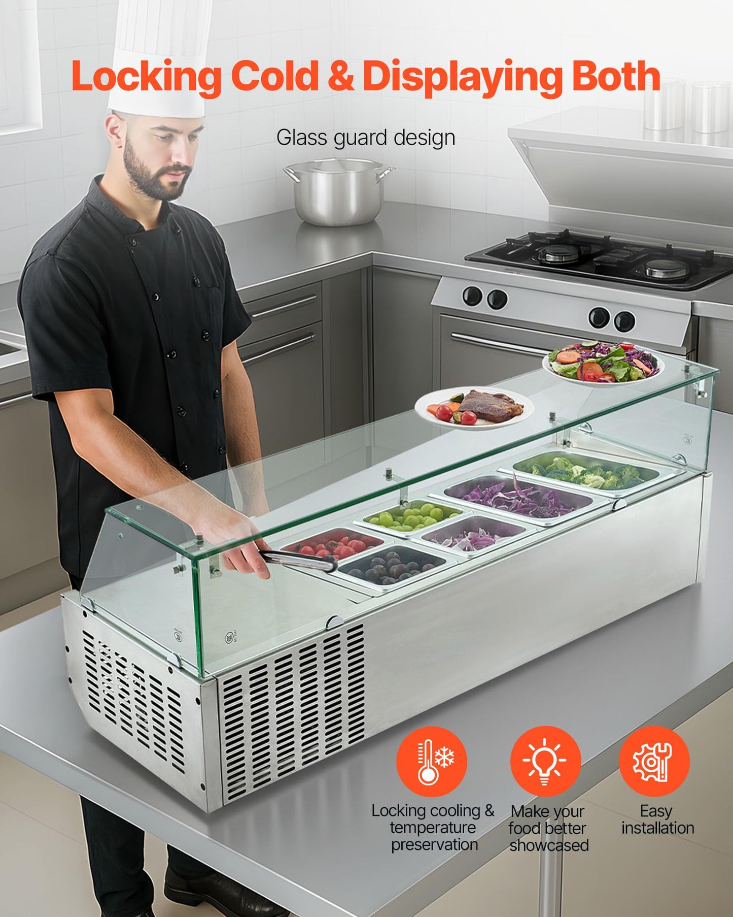 VEVOR Refrigerated Condiment Prep Station, 130 W Countertop Refrigerated Condiment Station, with Two 1/3 Pans & Four 1/6 Pans, 304 Stainless Body and PC Lid, Sandwich Prep Table with Glass Guard