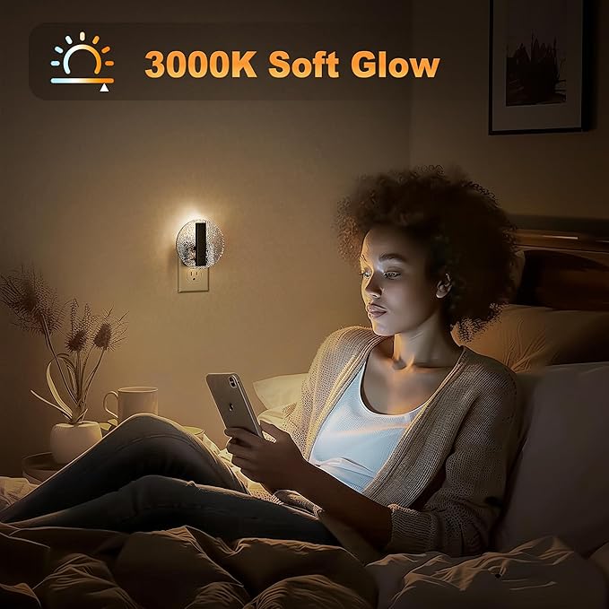 JandCase Night Light, LED Night Lights Plug into Wall, 3000K Warm White Nightlight with Dusk to Dawn Light Sensor, 0-100LM Adjustable Brightness, for Bathroom, Bedroom, Hallway, Stairs, 2 Pack