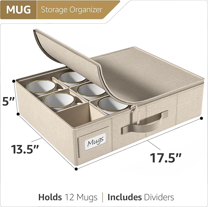 Sorbus Coffee Mug Organizer - Storage Box with Hard Shell, Handles, & Dividers - Fits 12 Mugs
