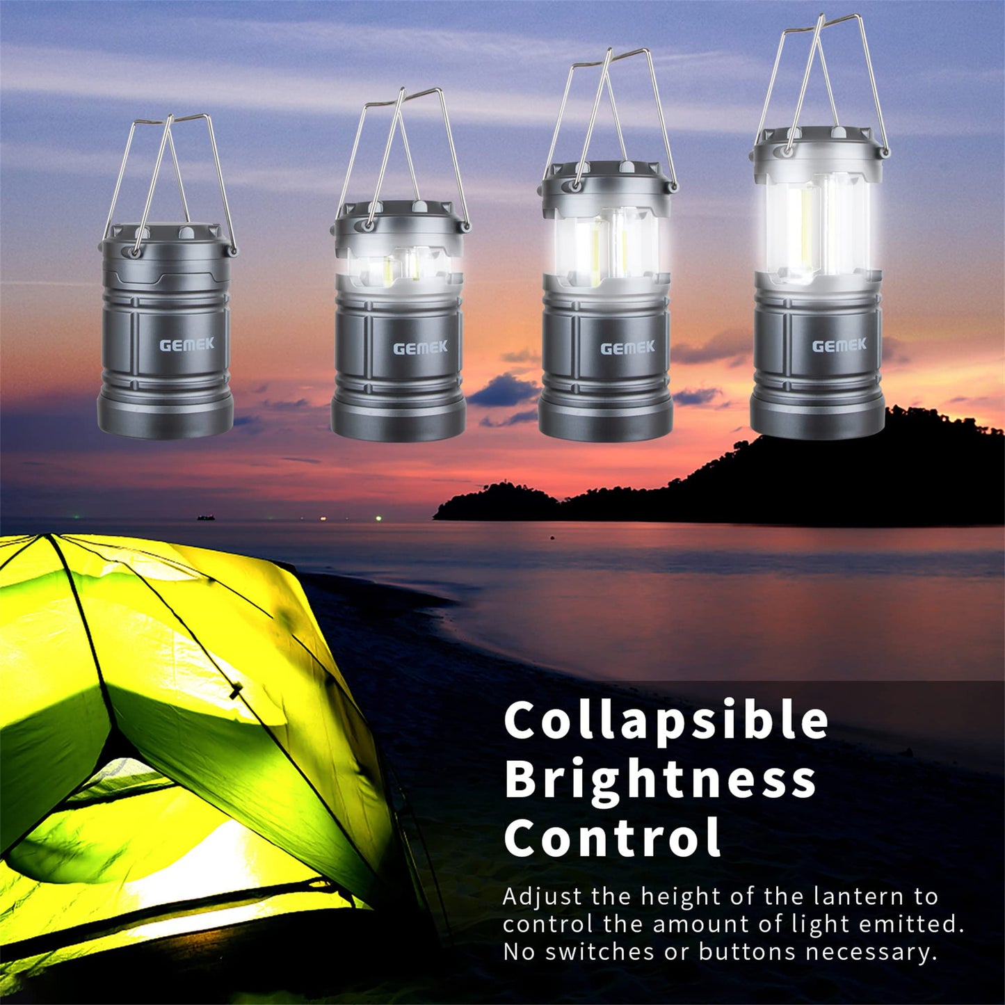 Gemek Led Camping Lantern - Portable Battery Powered, Magnetic Base, Collapsible Hook, Gray, Model Gd0131